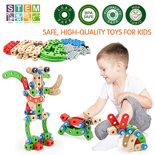 VATOS Wooden Building Toy, Educational Construction Toy STEM Learning Toy Engineering Nuts and Bolts Kit, 96PCS Kids Blocks Building Set for Boys and Girls Age 3 4 5 6 7 8 9 10 Year Old Best Toy Gift