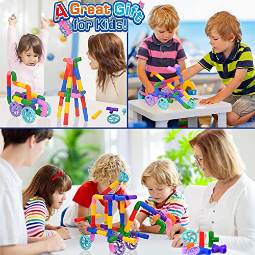 SIENIANLINE STEM Learning Pipe Tube Toy, Tube Locks Construction Building Blocks 96 Pcs - Multicolor Educational Building Blocks Set with Wheels& Spouts & Joints for Kid Ages 3+