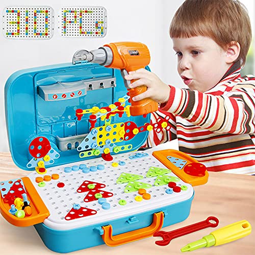 Drill Toys for 3 4 5 Year Old Boys Creative Mosaic Design Construction Building Blocks 3D Puzzle Toys Kit with Storage Pegboard Box for Kids Girls Take Apart STEM DIY Educational Drill Set Gift