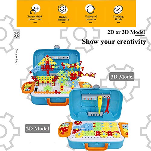 Drill Toys for 3 4 5 Year Old Boys Creative Mosaic Design Construction Building Blocks 3D Puzzle Toys Kit with Storage Pegboard Box for Kids Girls Take Apart STEM DIY Educational Drill Set Gift