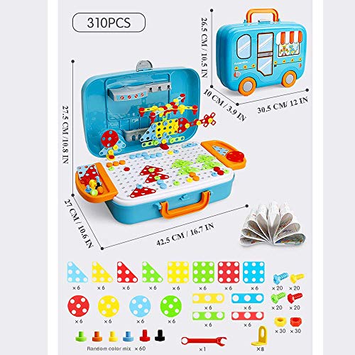 Drill Toys for 3 4 5 Year Old Boys Creative Mosaic Design Construction Building Blocks 3D Puzzle Toys Kit with Storage Pegboard Box for Kids Girls Take Apart STEM DIY Educational Drill Set Gift