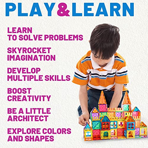 YIKUMO Kids Magnetic Tiles Toys, 100Pcs 3D Magnetic Building Blocks Tiles Set, Building Construction Educational STEM Toys for 3+ Year Old Boys and Girls