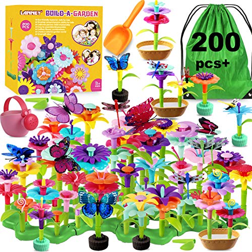 LANNEY Flower Garden Building Toys, 200 Pcs Build A Garden Toy Set For Girls Kids Age 3 4 5 6 7 Year Old Toddlers Boys, Educational Stem Toy Pretend Gardening Gifts For Birthday Christmas