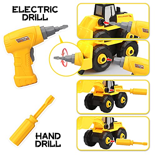 Vanplay 6 in 1 Take-Apart Construction Vehicles include Toy Drill & Box, Digger Excavators Truck Building STEM Learning Gift, Electric Drill Toy Set for Boys Girls 3 4 5 years old