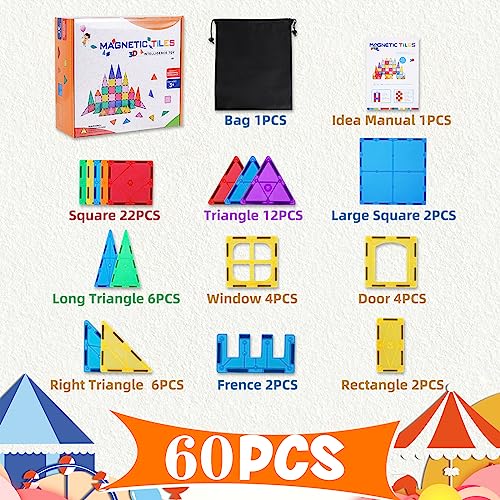 Magnetic Building Blocks 60PCS Magnetic Tiles for Kids Stronger Magnet Toys STEM Creative Construction Magnetic Toys for 3 4 5 6 7 8 Year Old Boys Girls Educational Birthday Gift for Kids Age 3+