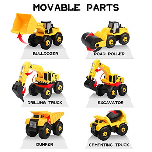 Vanplay 6 in 1 Take-Apart Construction Vehicles include Toy Drill & Box, Digger Excavators Truck Building STEM Learning Gift, Electric Drill Toy Set for Boys Girls 3 4 5 years old