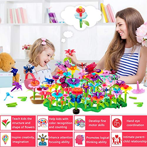LANNEY Flower Garden Building Toys, 200 Pcs Build A Garden Toy Set For Girls Kids Age 3 4 5 6 7 Year Old Toddlers Boys, Educational Stem Toy Pretend Gardening Gifts For Birthday Christmas