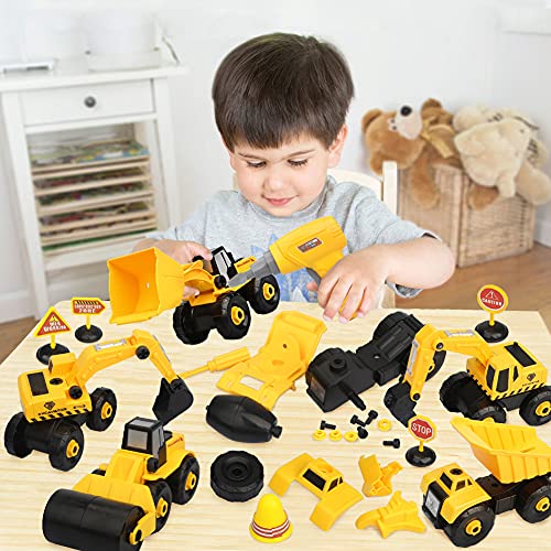 Vanplay 6 in 1 Take-Apart Construction Vehicles include Toy Drill & Box, Digger Excavators Truck Building STEM Learning Gift, Electric Drill Toy Set for Boys Girls 3 4 5 years old