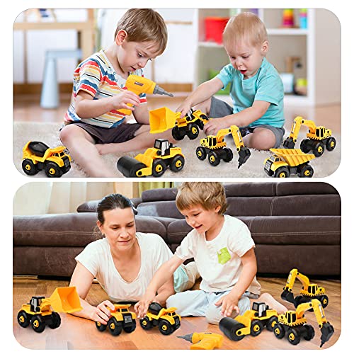 Vanplay 6 in 1 Take-Apart Construction Vehicles include Toy Drill & Box, Digger Excavators Truck Building STEM Learning Gift, Electric Drill Toy Set for Boys Girls 3 4 5 years old