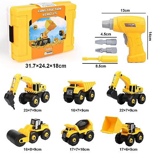 Vanplay 6 in 1 Take-Apart Construction Vehicles include Toy Drill & Box, Digger Excavators Truck Building STEM Learning Gift, Electric Drill Toy Set for Boys Girls 3 4 5 years old