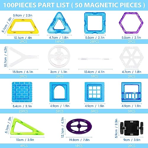 Theefun 100Pcs Magnetic Building Blocks, Magnetic Tiles Set Toy for 3 4 5 6 7 Year Old Boys Girls, Magnet Toys for Kids Magnets Toys Blocks Construction Set Toys for Kids
