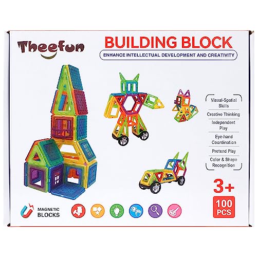 Theefun 100Pcs Magnetic Building Blocks, Magnetic Tiles Set Toy for 3 4 5 6 7 Year Old Boys Girls, Magnet Toys for Kids Magnets Toys Blocks Construction Set Toys for Kids