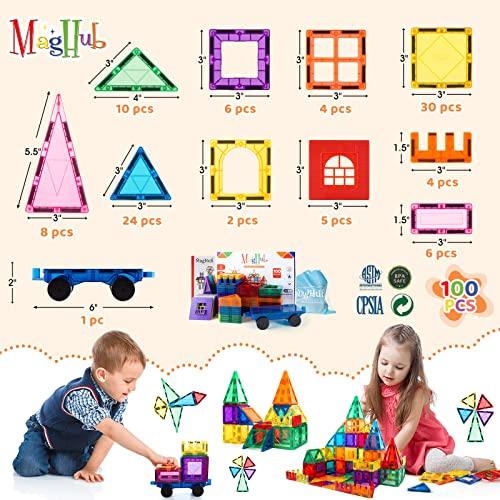 MagHub 100PCS Building Blocks Kids Magnetic Tiles, Clear 3D Magnets for Preschool Magnetic Toys, Building Construction STEM Educational Toys for 3+ Years Old Boys and Girls