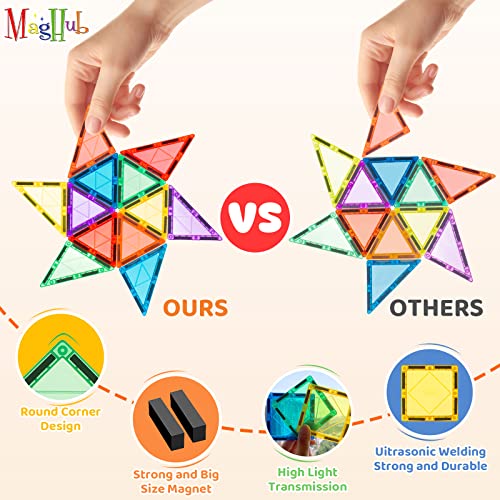 MagHub 100PCS Building Blocks Kids Magnetic Tiles, Clear 3D Magnets for Preschool Magnetic Toys, Building Construction STEM Educational Toys for 3+ Years Old Boys and Girls
