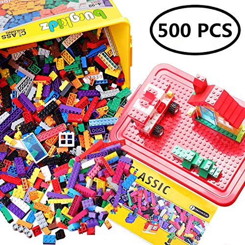 Building Bricks 520 Pieces Construction Toys Set, 500 pcs Basic Building Blocks in 17 Shapes Includes Wheels, Doors and Windows, Bulk Blocks with Reusable Storage Box, Compatible to All Major Brands