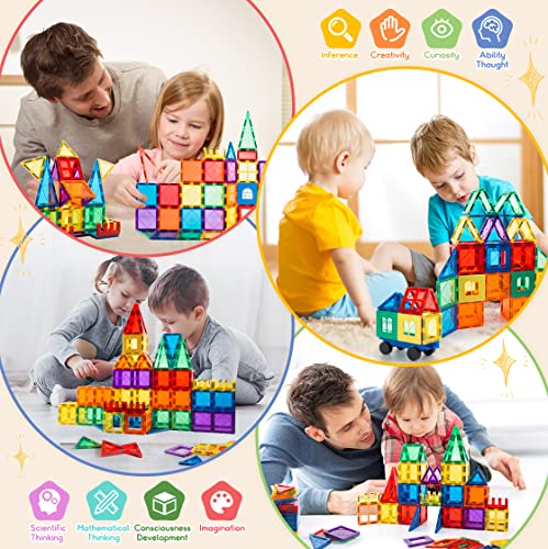 MagHub 100PCS Building Blocks Kids Magnetic Tiles, Clear 3D Magnets for Preschool Magnetic Toys, Building Construction STEM Educational Toys for 3+ Years Old Boys and Girls
