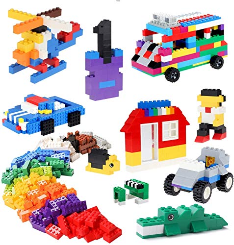 Building Bricks 520 Pieces Construction Toys Set, 500 pcs Basic Building Blocks in 17 Shapes Includes Wheels, Doors and Windows, Bulk Blocks with Reusable Storage Box, Compatible to All Major Brands