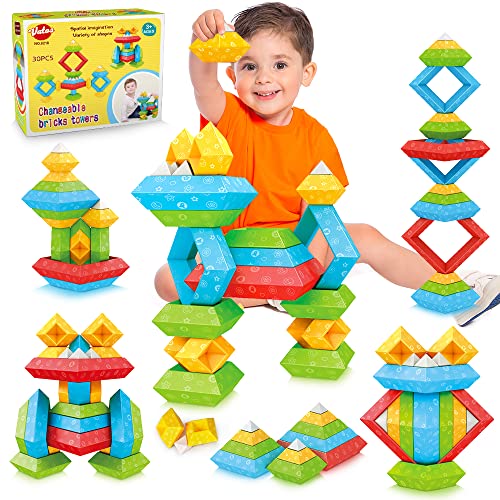 VATOS Changeable Building Blocks for Kids age 2 3 4 5 6 Year old,30 PCS Diamond-shaped Bricks Towers Building Construction Toys Sets STEM Preschool Educational Montessori Toys for Boys Girls