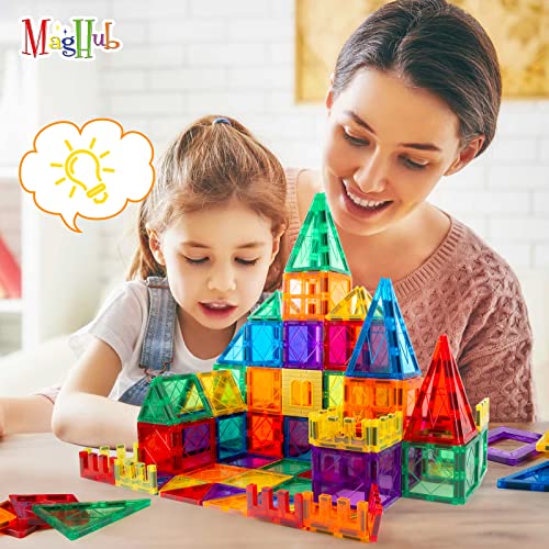 MagHub 100PCS Building Blocks Kids Magnetic Tiles, Clear 3D Magnets for Preschool Magnetic Toys, Building Construction STEM Educational Toys for 3+ Years Old Boys and Girls