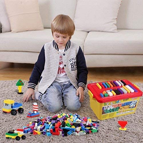 Building Bricks 520 Pieces Construction Toys Set, 500 pcs Basic Building Blocks in 17 Shapes Includes Wheels, Doors and Windows, Bulk Blocks with Reusable Storage Box, Compatible to All Major Brands