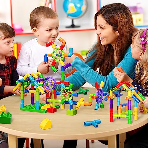 burgkidz 188 Piece Pipe Tube Toy, Sensory Water Tube Locks Construction Building Blocks, Educational Building Learning Toys with Wheels and Baseplate for Kids Boys Girls Age 3+
