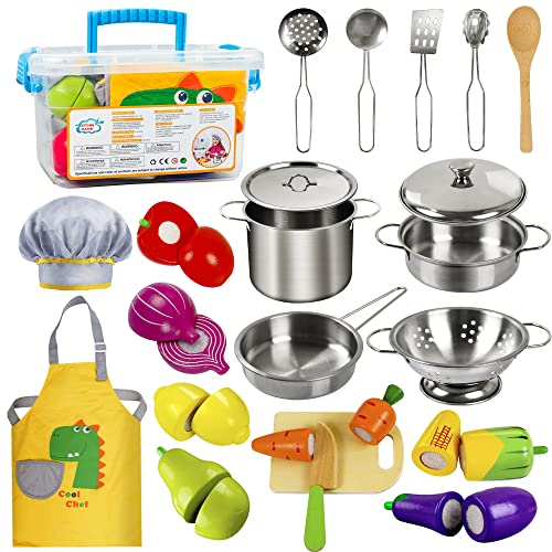 EFO SHM Interactive Learning Role Play Toy for Toddler Boys Girls Kitchen Accessories, Wooden Stainless Steel Cookware Pot & Pan , Food Cooking Utensil Chef Set