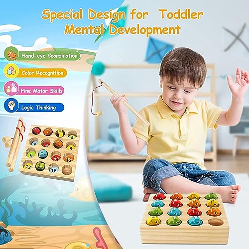 EPCHOO Fishing Game, Montessori Wooden Fishing Toy For Toddler, 15pcs Number Counting Board Fishing Pole Game Play Set, Learning Toys For 2 3 Year Old Girl Boy Kids