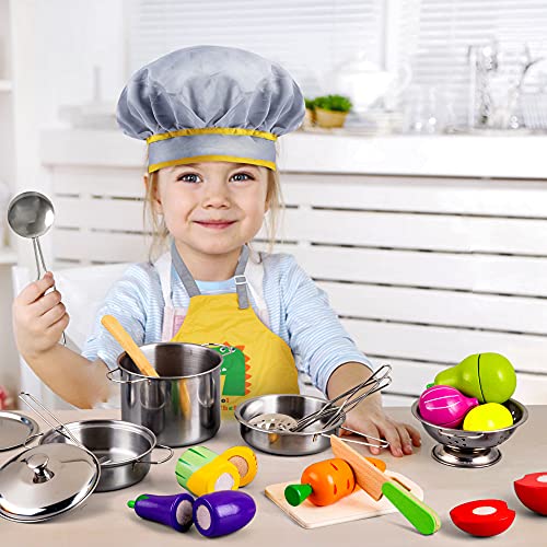 EFO SHM Interactive Learning Role Play Toy for Toddler Boys Girls Kitchen Accessories, Wooden Stainless Steel Cookware Pot & Pan , Food Cooking Utensil Chef Set