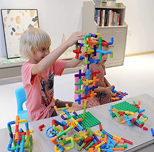 burgkidz 188 Piece Pipe Tube Toy, Sensory Water Tube Locks Construction Building Blocks, Educational Building Learning Toys with Wheels and Baseplate for Kids Boys Girls Age 3+