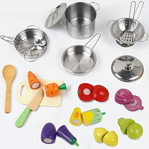 EFO SHM Interactive Learning Role Play Toy for Toddler Boys Girls Kitchen Accessories, Wooden Stainless Steel Cookware Pot & Pan , Food Cooking Utensil Chef Set