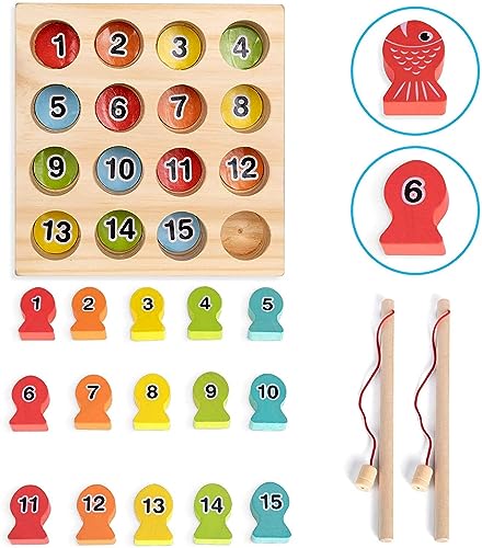 EPCHOO Fishing Game, Montessori Wooden Fishing Toy For Toddler, 15pcs Number Counting Board Fishing Pole Game Play Set, Learning Toys For 2 3 Year Old Girl Boy Kids