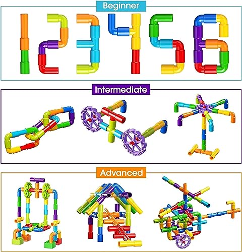 burgkidz 188 Piece Pipe Tube Toy, Sensory Water Tube Locks Construction Building Blocks, Educational Building Learning Toys with Wheels and Baseplate for Kids Boys Girls Age 3+