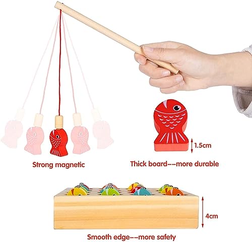 EPCHOO Fishing Game, Montessori Wooden Fishing Toy For Toddler, 15pcs Number Counting Board Fishing Pole Game Play Set, Learning Toys For 2 3 Year Old Girl Boy Kids