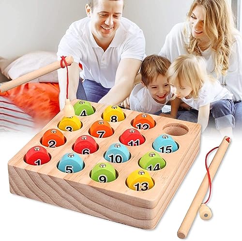 EPCHOO Fishing Game, Montessori Wooden Fishing Toy For Toddler, 15pcs Number Counting Board Fishing Pole Game Play Set, Learning Toys For 2 3 Year Old Girl Boy Kids