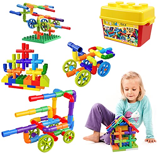 burgkidz 188 Piece Pipe Tube Toy, Sensory Water Tube Locks Construction Building Blocks, Educational Building Learning Toys with Wheels and Baseplate for Kids Boys Girls Age 3+