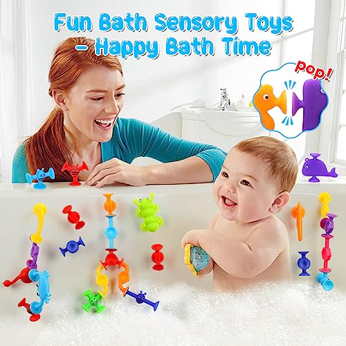 Flnlano Suction Toys, 30 Pcs Bath Toys for Toddlers 3+ Years Sensory Toys for Kids 3 4 5 6 7 Year Old Boys Girls Suction Cup Toys Window Animal Toys Baby Bath Game Sucker Travel Toys for Kids Ages 3-7