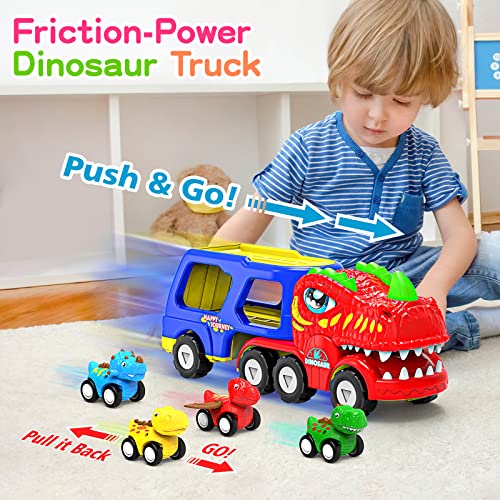 ENJSD Dinosaur Toys for 1 2 3 4 Year Old Boys Girls, 5 in 1 Dinosaurs Truck Toys for Boys Age 3-5 with Roar Sound & Lights, Friction Powered Dinosaur Toy Cars, Best Gift for Baby Kids & Toddler Toys
