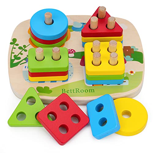 BettRoom Toddler Toys 1 2 3 Years Old Boy And Girl Solid Wooden Toys Preschooler Shape Color Judgment Help To Recognize Geometry Building Blocks Stack Classification Puzzle Children Baby