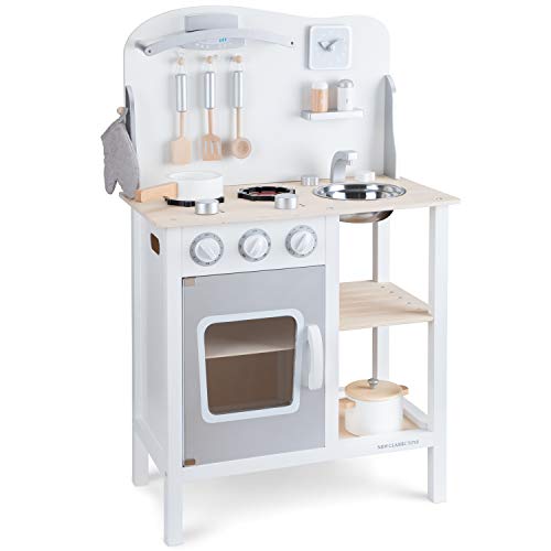 New Classic Toys 11053 Wooden Pretend Toy Kitchen for Kids Role Play Included Accessoires, White/Silver, White/Silver