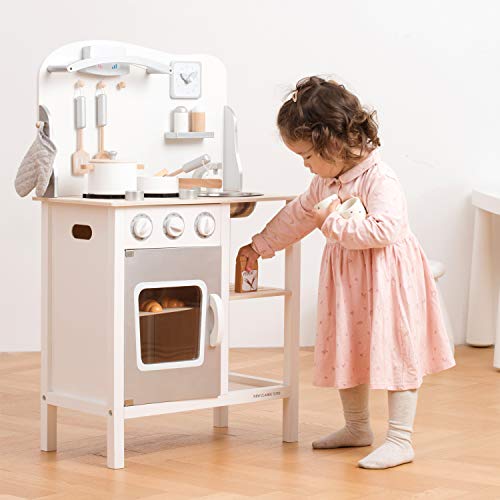 New Classic Toys 11053 Wooden Pretend Toy Kitchen for Kids Role Play Included Accessoires, White/Silver, White/Silver