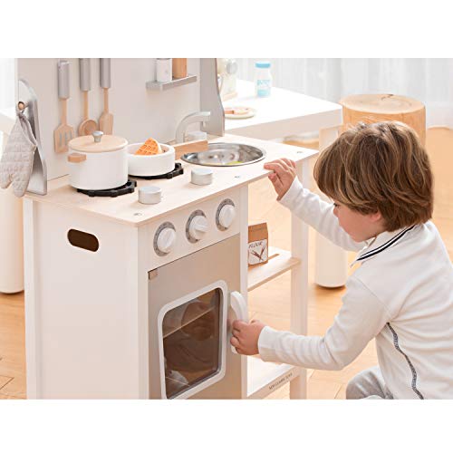 New Classic Toys 11053 Wooden Pretend Toy Kitchen for Kids Role Play Included Accessoires, White/Silver, White/Silver