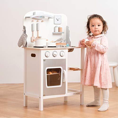 New Classic Toys 11053 Wooden Pretend Toy Kitchen for Kids Role Play Included Accessoires, White/Silver, White/Silver