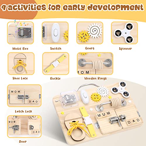 Wooden Busy Board for Toddlers, Handmade Montessori Sensory Toys Activity Travel Board for Early Development and Autism, Preschool Educational Gifts with Basic Life Skills Fine Motor Skills