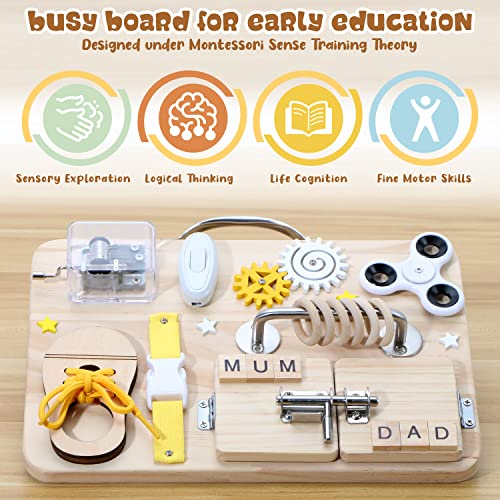 Wooden Busy Board for Toddlers, Handmade Montessori Sensory Toys Activity Travel Board for Early Development and Autism, Preschool Educational Gifts with Basic Life Skills Fine Motor Skills