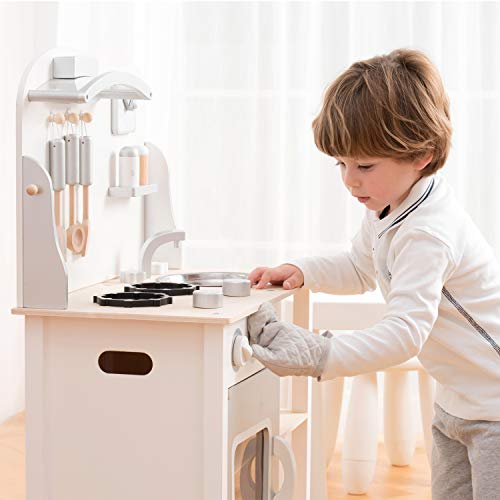 New Classic Toys 11053 Wooden Pretend Toy Kitchen for Kids Role Play Included Accessoires, White/Silver, White/Silver