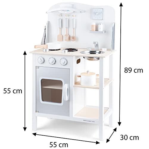 New Classic Toys 11053 Wooden Pretend Toy Kitchen for Kids Role Play Included Accessoires, White/Silver, White/Silver