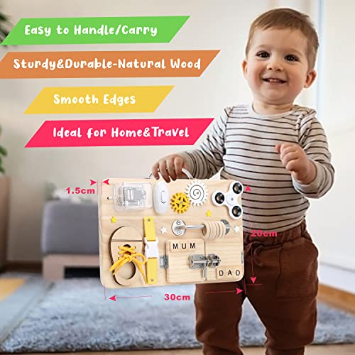 Wooden Busy Board for Toddlers, Handmade Montessori Sensory Toys Activity Travel Board for Early Development and Autism, Preschool Educational Gifts with Basic Life Skills Fine Motor Skills