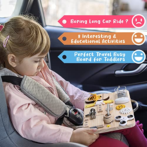 Wooden Busy Board for Toddlers, Handmade Montessori Sensory Toys Activity Travel Board for Early Development and Autism, Preschool Educational Gifts with Basic Life Skills Fine Motor Skills