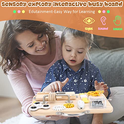 Wooden Busy Board for Toddlers, Handmade Montessori Sensory Toys Activity Travel Board for Early Development and Autism, Preschool Educational Gifts with Basic Life Skills Fine Motor Skills