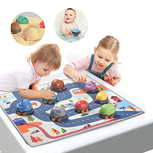 Baby Toy Car with Play Mat,Kids Educational Stacked Toy,Trucks Play Vehicles Toy Car Toy Set with Activity Play Mat,Construction Vehicles Gifts Sets for Kids Toddlers,Boys and Girls (Pack of 8)